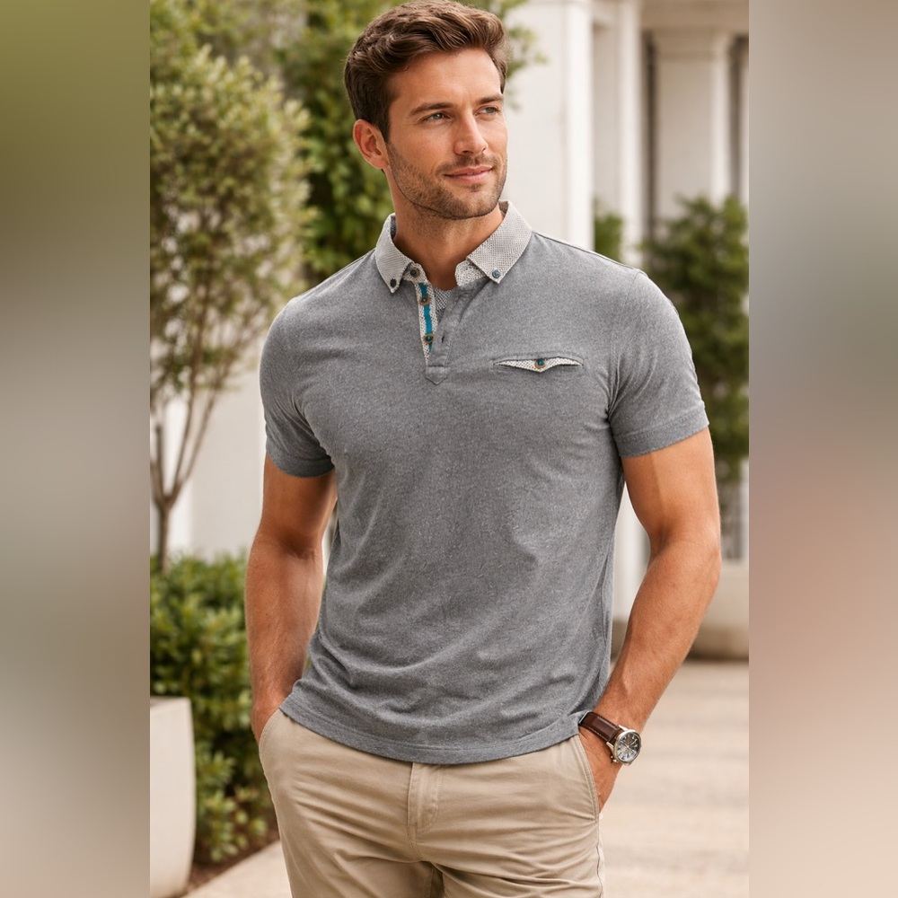 Ted Baker Gray Polo Shirt with Printed Tan Collar XL